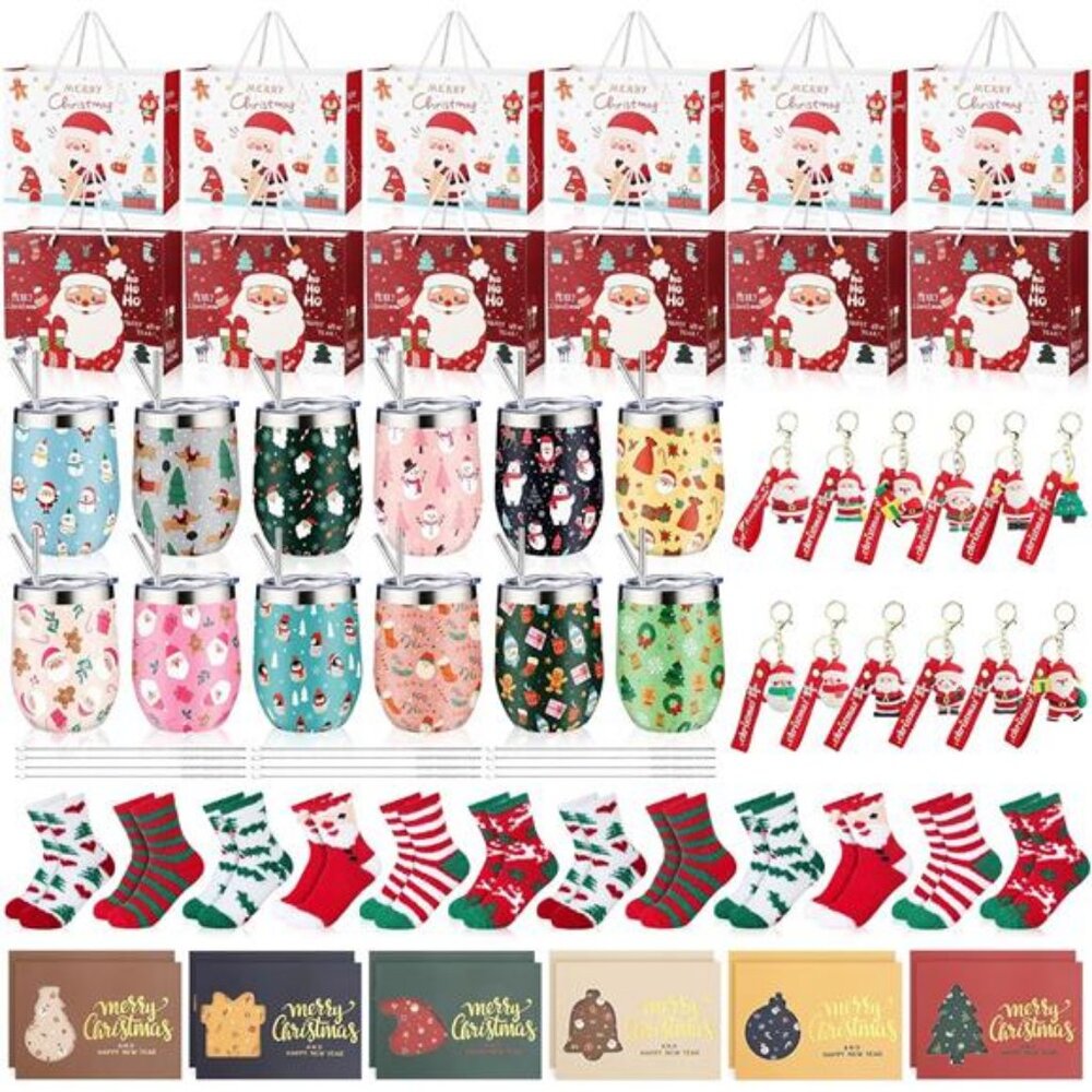 Sieral 12 Sets Christmas Bulk‎ Gifts with 12oz Wine Tumbler Christmas Fuzzy